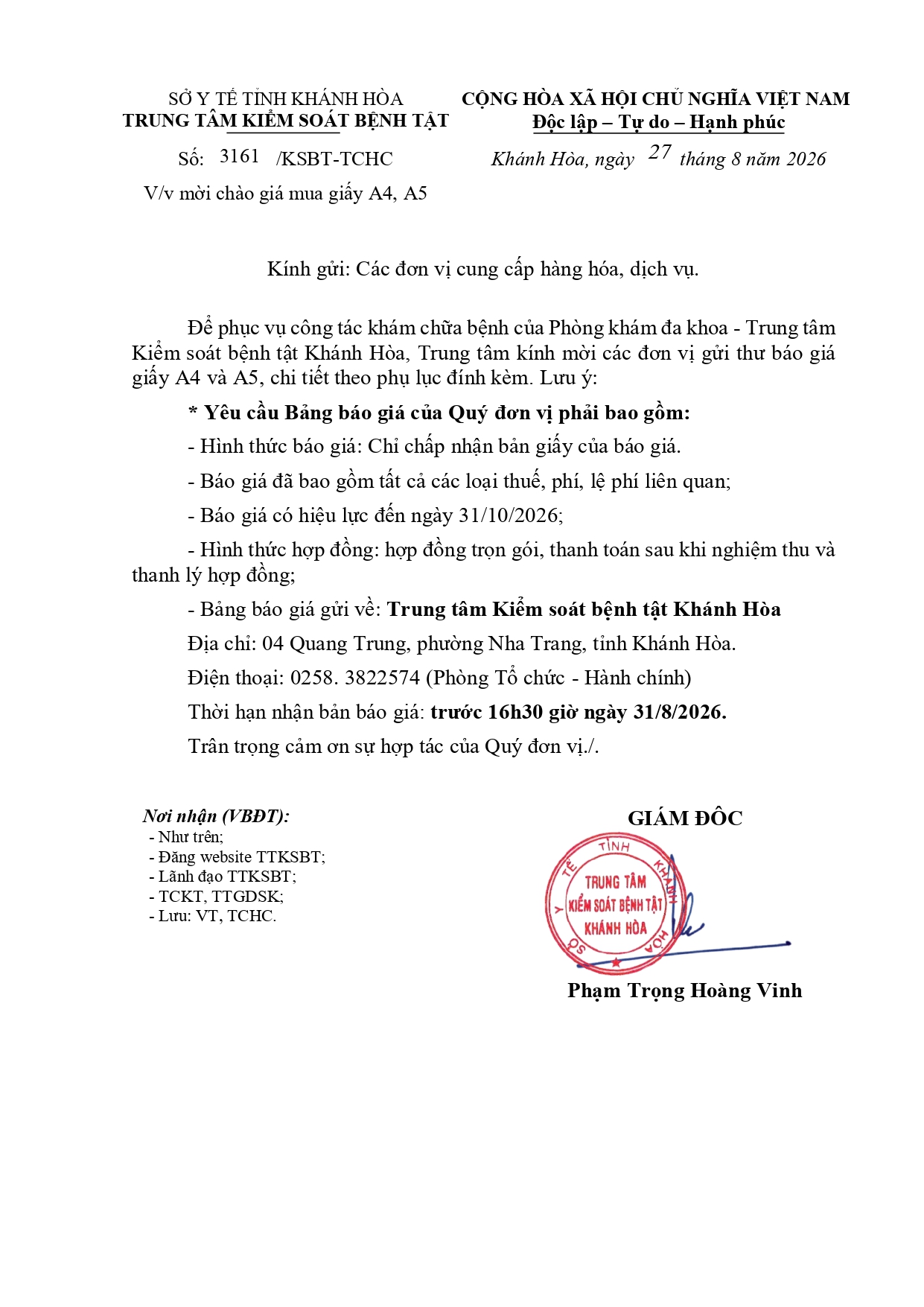 V/v mời chào giá mua giấy A4, A5
